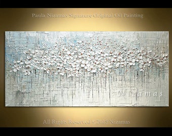 ORIGINAL Prairie Daisies Painting on canvas Gray White Blue Palette Knife Paula Nizamas