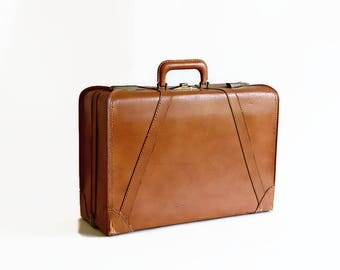 vintage brown faux leather suitcase 1940s 1950s travel luggage prop