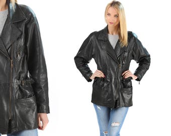 Leather Motorcycle Jacket 80s Black Biker Long Line Jacket Distressed 1980s Vintage Moto Punk Rock Hipster Coat Belted Zippered Unisex Large