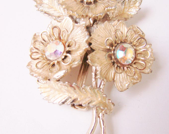 1960s Vintage Aurora Borealis Rhinestone Brooch Floral Mid Century Textured Goldtone Jewelry