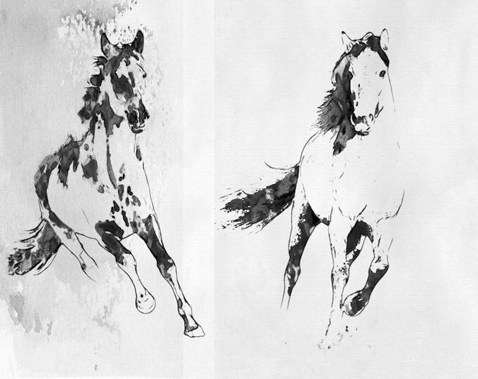 Running horses 1. Extra Large Horse Wall Decor, Black Contemporary Horse, Large Contemporary Canvas Art Print up to 72" by Irena Orlov