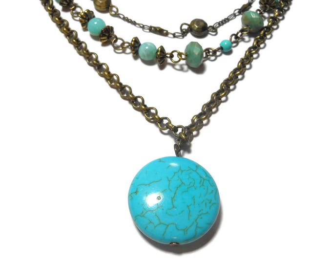 FREE SHIPPING Turquoise 3 strand necklace, dyed howlite magnesite, bronze chains, Boho tribal southwestern, statement light