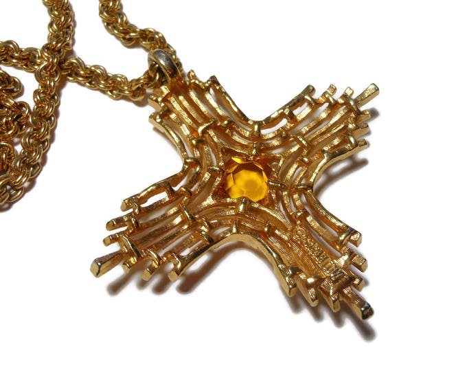 FREE SHIPPING Sarah Coventry cross pendant, 'Omega', gold tone original chain, hidden bail, orange yellow art glass center, textured layers