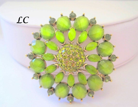 Peridot Rhinestone Brooch - Signed Liz Claiborne - Vintage Faceted Glass Cabachons