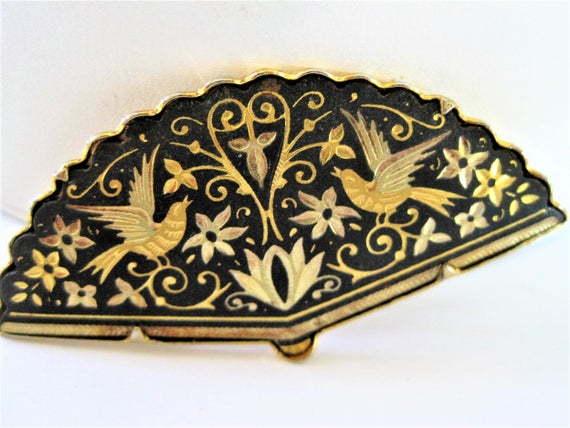 Damascene Fan Brooch - Vintage Birds in Flight - Gold Tone Pin