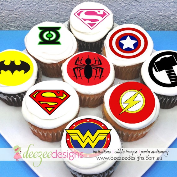 Superhero Logo Edible Icing Cupcake Toppers - 2" - PRE-CUT - Sheet of 15 - EI077C Il_570xn
