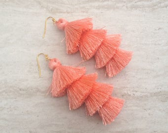 Cha Cha Tiered Silk Tassel Earrings, Stacked Tassle Earrings, Fringe Tassel Earrings, Summer Earrings, Colorful, Trendy,Lightweight 3" Drop