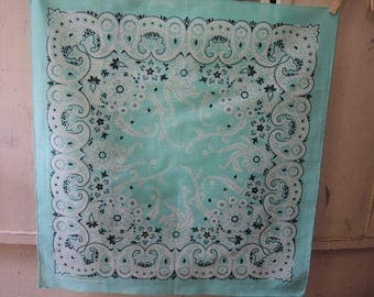 Vintage 1980s cotton poly blend bandana made in the USA mint green paisley NOS 21.5 x 22.5 inches