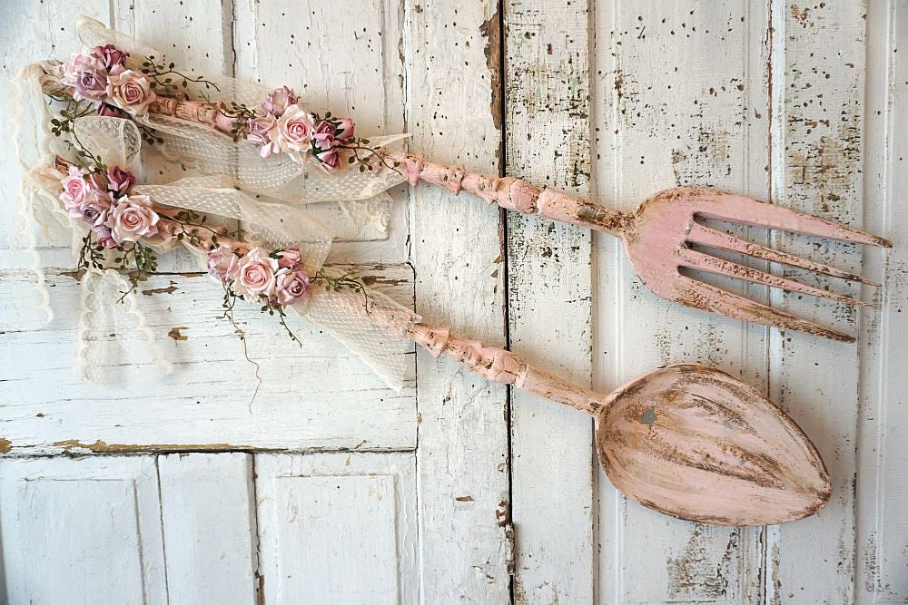 Spoon and fork wall hanging shabby cottage chic pink wooden