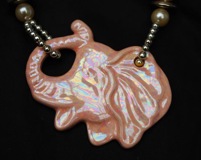 Pink Elephant Pearl Necklace - Ceramic beads -white pearls silver - funky necklace