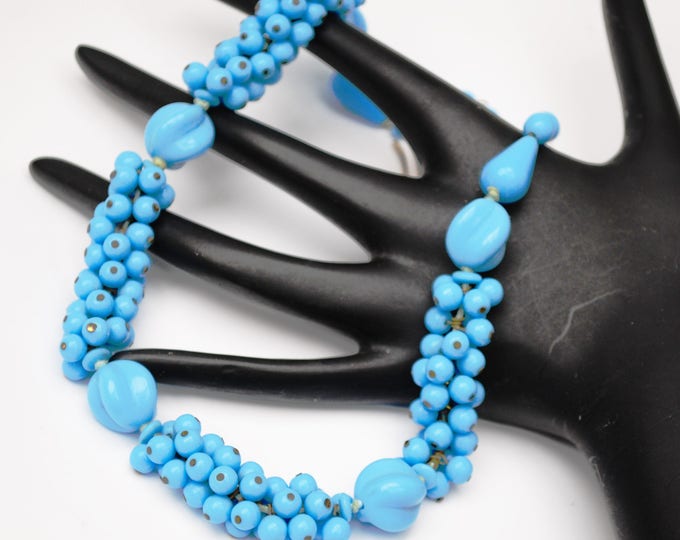 Light Blue bead necklace - Glass milk glass - signed Western Germany - collar necklace