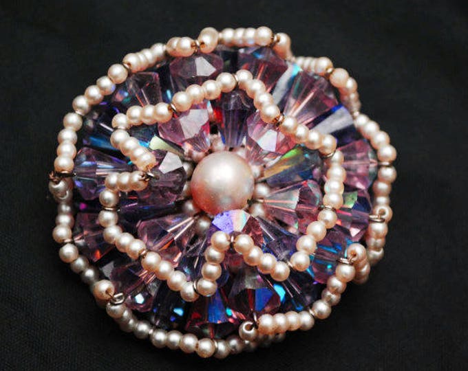 Vendome Brooch - Purple Crystal Rhinestone - faux pearl seed Bead - signed - Floral Atomic - Aurora borealis - Cluster bead pin