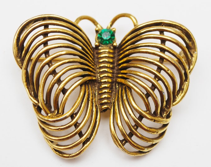 Gold Butterfly Brooch _ Signed Jeanne - Goldtone with green rhinestone - Designer signed - 1960s