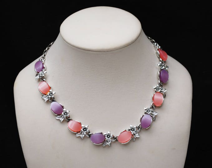 Thermoset necklace and bracelet set -Pink Purple plastic - silver tone Mid Century