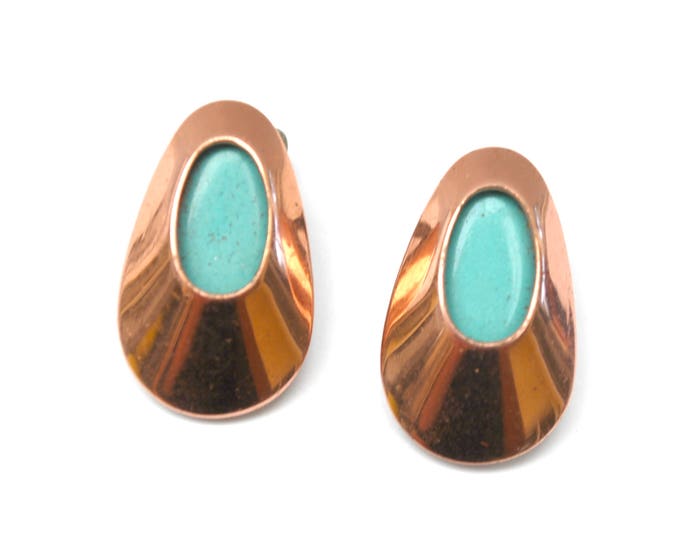 Copper Leaf Earrings - Blue Enamel and Copper Leaf - Signed Matisse -Mid Century - modern coned