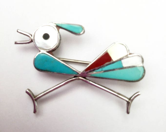 Road Runner Brooch - Silver Turquoise Coral Mother of pearl Onyx Inlay - Southwestern - Old Pawn - Native American Navajo - Bird pin