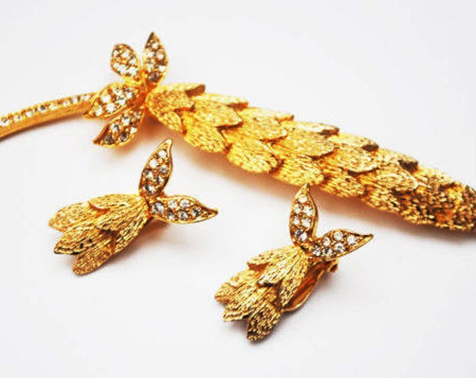 Floral Leaf Brooch earring set - Signed Ledo - Rhinestone gold -flower pin clip on earrings