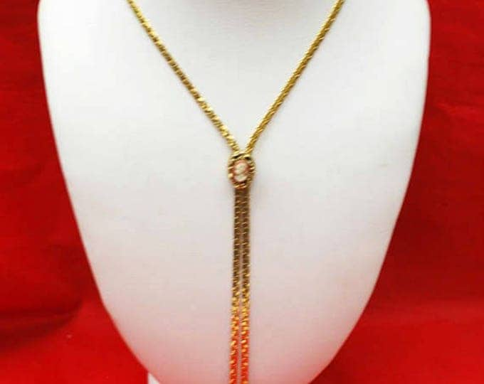 Goldette Ajustable Slider Cameo necklace - gold chain - Victorian Revival Tassel bolo tie necklace