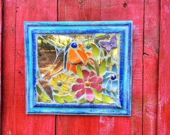 Mosaic mirror, flower wall decor, mosaic wall art on wood, framed garden art, Rustic wall art, A Special Moment