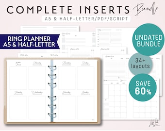 A5 and Half-Letter Size COMPLETE Inserts Bundle for Ring Planners - Printable PDF - Script Theme - 34+ layouts