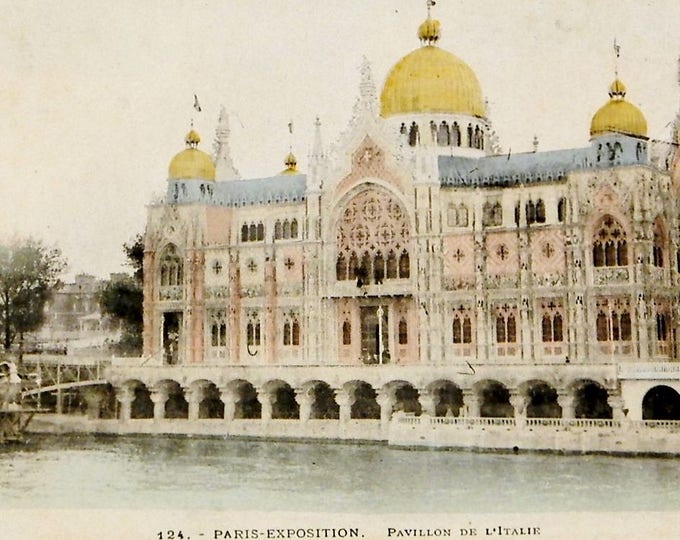 Antique Colored Black and White Postcard of Paris of the Pavillon de Italie from the Parisian Exposition of 1900, French Belle Epoque