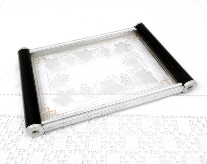 Antique Art Deco Glass Tray with Wooden Handles Gilt Banding and Decorated Vine Leaves and Grape Pattern, Retro Vanity Boudoir Accessory Antique Art Deco Glass Tray with Wooden Handles Gilt Banding and Decorated Vine Leaves and Grape Pattern, Retro Vanity Boudoir Accessory