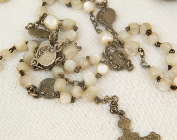 Antique French Mother of Pearl / Nacre Rosary Beads with Silver Plated Crucifix and Leather Pouch, Catholic Payer Beads, St Christopher