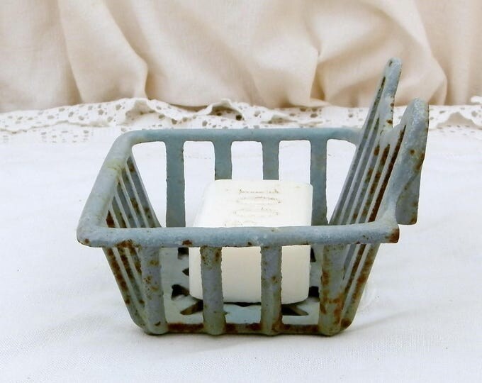Large Antique Cast Iron Enameled Sky Blue Wall Hanging Soap Holder, French Blue Chippy Enamel Mural Soap Bar Dish, Enamelware Retro Bathroom Large Antique Cast Iron Enameled Sky Blue Wall Hanging Soap Holder, French Blue Chippy Enamel Mural Soap Bar Dish, Enamelware Retro Bathroom