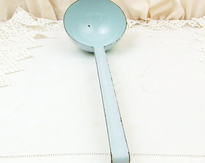 Vintage French Mint Green Chippy Enamel Serving Ladle, 1940s 1950s Enamelware from France, Rustic Farmhouse Cottage Kitchen Retro Decor