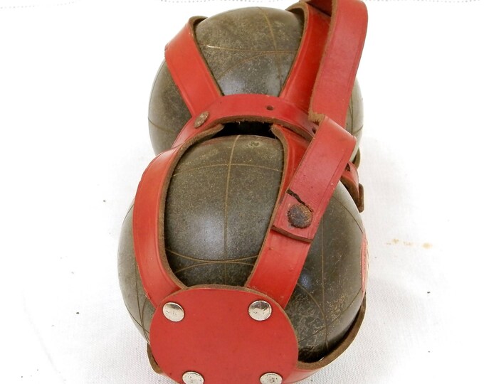 Vintage 1950s Wooden Lignum Vitae Boule / Petanque Balls Made in Italy by Fabra with Red Leather Carrying Case, French Bowling Balls