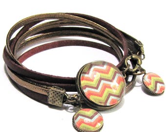 Bracelet cabochons "zig zag" pattern, bronze leather cord
