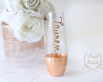 Rose Gold Champagne Flutes, Personalized Stemless Champagne Flutes, Bridesmaid Gift Box, Bridesmaid Proposal, Hand Painted Rose Gold Flutes