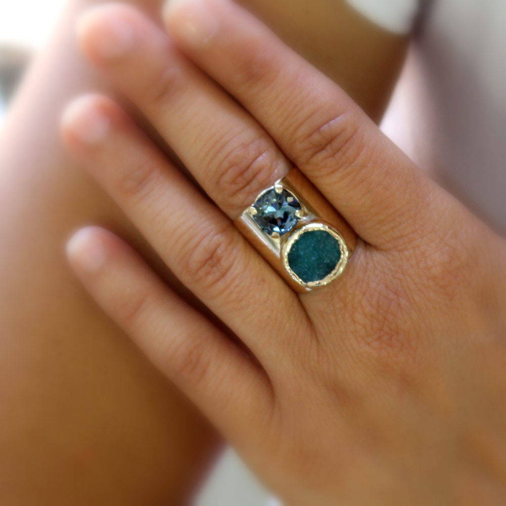 blue druzy double stone ring