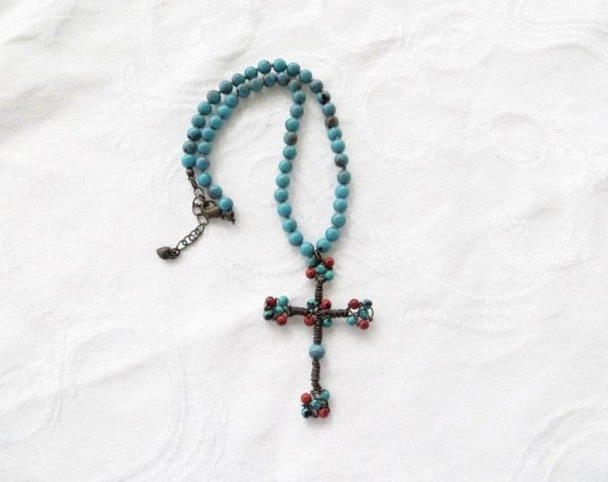 Vintage Cross Necklace, Beaded Southwest Style, Turquoise and Coral, Vintage Wire Cross, Boho Style, Festival Jewelry