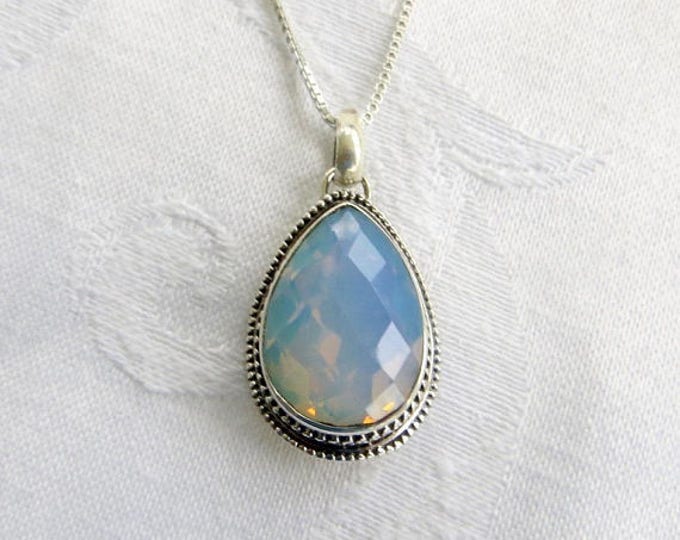 Sterling Opalite Necklace, Teardrop Shape, Stunning 6 CT Faceted Stone, Sterling 20" Chain