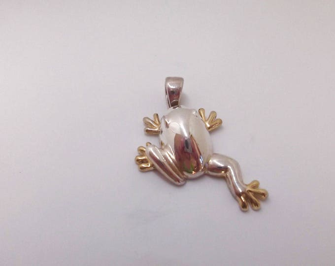 Sterling Frog Pendant, Silver Figural Frog, Gold Wash Feet, Vintage Frog Jewelry