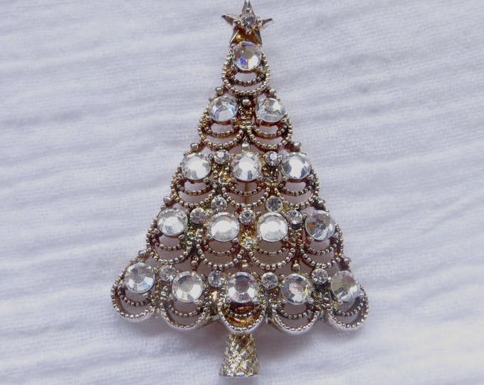 Eisenberg Ice Christmas Tree Brooch, Signed Christmas Tree Pin, Vintage Rhinestone Jewelry