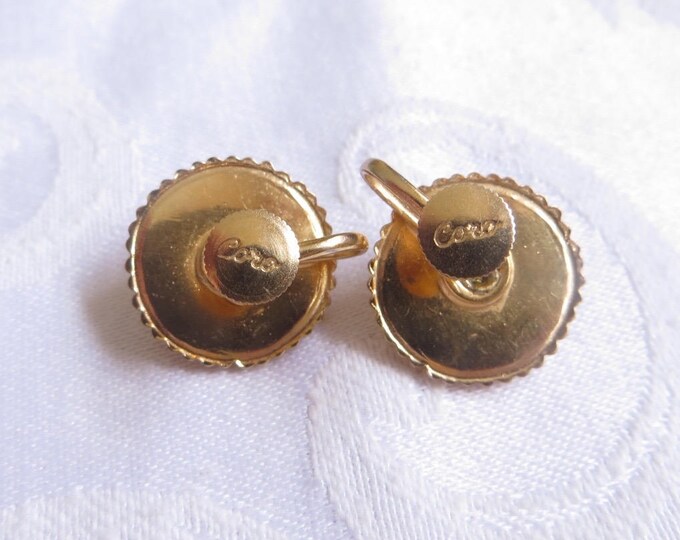 Vintage Coro Earrings, Mother of Pearl with Gold Wire Overlay, Rhinestone Center, Screw back Earrings, Designer Signed