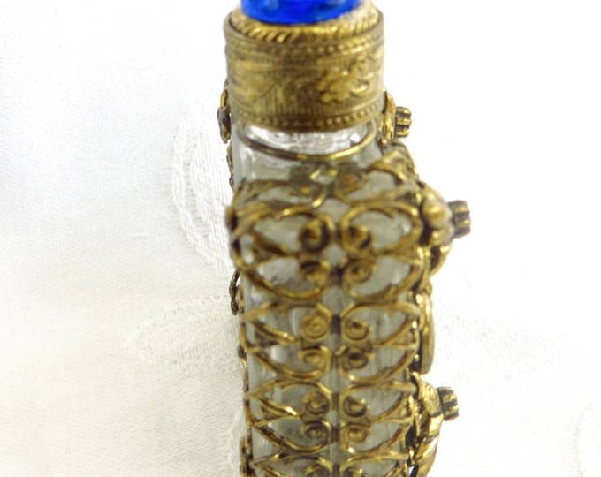 Mini Perfume Bottle, Filigree Casing, Cherub Cameo Front, Cobalt Cabochon Lid, Vintage Perfume Holder