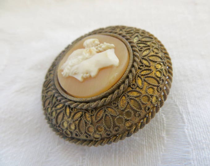 Antique Cameo Brooch Brass Cannetille Setting Shell Cameo Pin Victorian Cameo Jewelry Left Facing Cameo