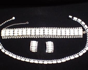 Milk Glass Lozenge W/ Rhinestones Necklace Bracelet Clip Earrings Parure Bridal Set Wedding Jewelry Gift For Her