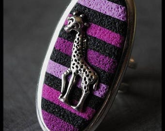 Black purple violet pink stripes and giraffe in polymer clay ring