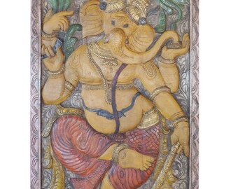 Vintage Antique Hand Carved Ganesha Barn Door MULADHARA CHAKRA Prosperity Panel, Wall Decor