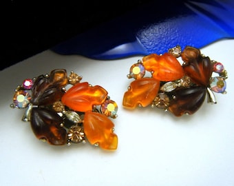 Vintage Lisner Glowing Brown Orange Lucite Leaf Earrings Rhinestones Clip Ons
