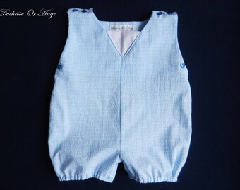 Romper, baby blue and white Plaid cotton - 6 months