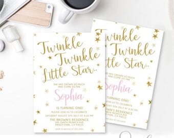Twinkle Twinkle little star Birthday Invitation card Gold Stars Personalized Gold Birthday Girl Party DIY Card Printable DIGITAL FILES BS36