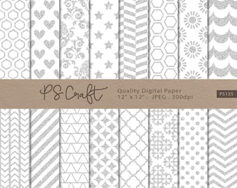 Silver Glitter Digital Papers, Seamless Silver Glitter Background, Silver Patterns, Silver Papers, Wedding Invitation