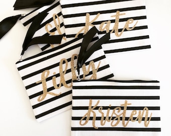 Personalized Makeup bag, cosmetic bag, personalized tote bag, bridesmaid gift, bride gift, custom tote, black and white stripe, pencil case