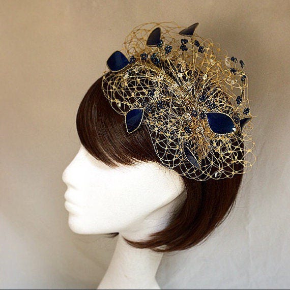 Gold fascinator wedding headdress Navy and gold fascinator