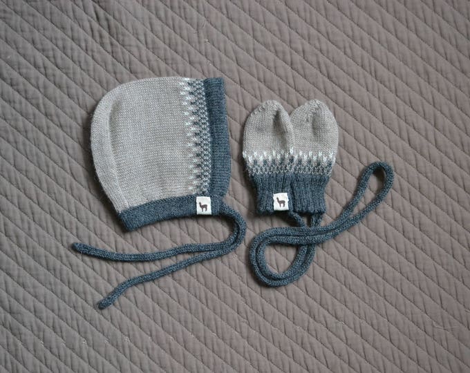 Baby gift set bonnet and mittens in oatmeal charcoal gray alpaca wool baby cap baby hat knit baby bonnet baby mittens baby shower gift